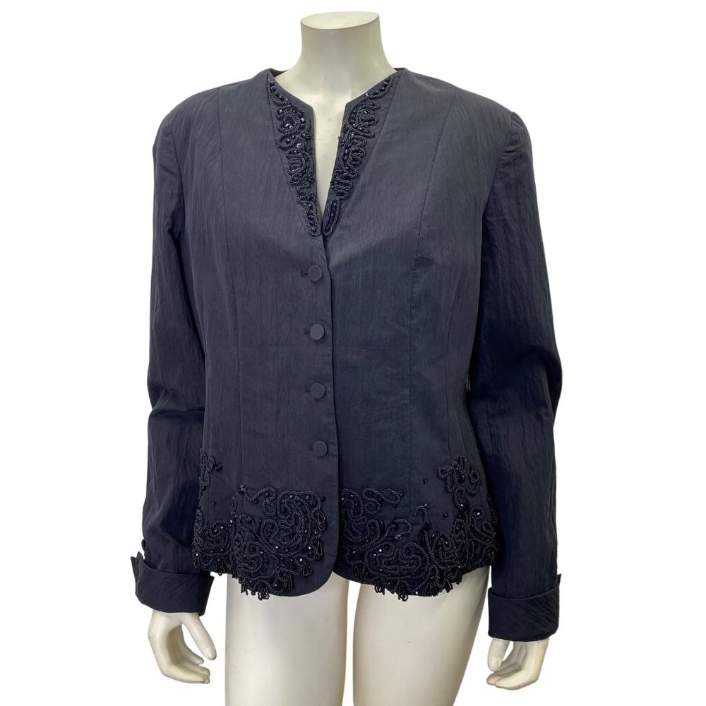 Coldwater Creek $149 Black Button-Up Blazer Beaded Embroidered Details V-Neck 16